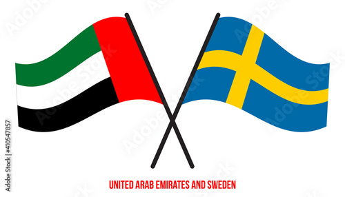 United Arab Emirates and Sweden Flags Crossed And Waving Flat Style. Official Proportion.