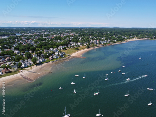 Aerial view of Sandy Point at Danvers River mouth to Salem Harbor in city of Beverly, Massachusetts MA, USA. 