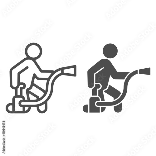 Man with a balloon of poison for insects line and solid icon, pest control concept, Insect gardening sprayer sign on white background, pest extermination equipment icon outline style. Vector graphics.