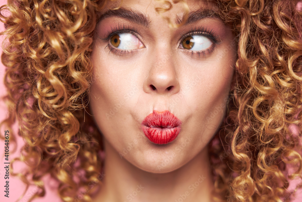 Lady Curly hair look towards red lips close-up fashion clothes Lady Curly hair look towards red lips close-up fashion clothes