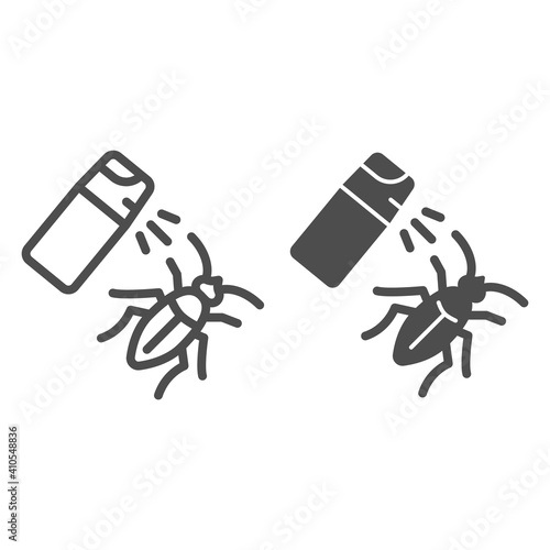 Spray bottle and cockroach line and solid icon, pest control concept, Insect spray sign on white background, balloon of poison for insects icon in outline style for mobile and web. Vector graphics.
