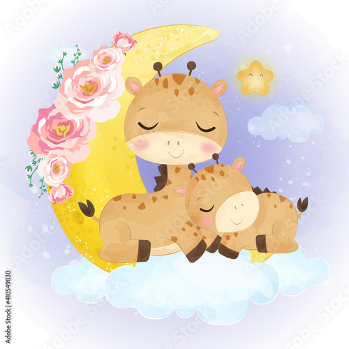 cute giraffe illustration in watercolor effect great for baby shower decoration and children prints.	