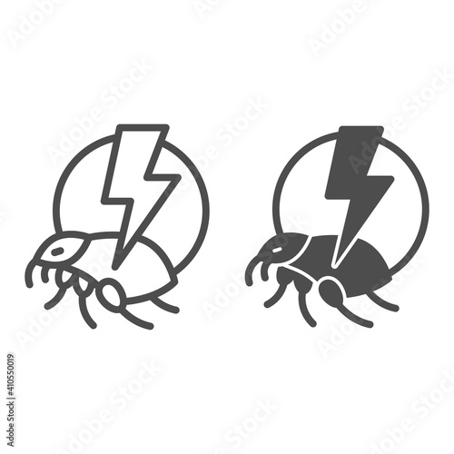 Flea and lightning line and solid icon, pest control concept, Flea warning sign on white background, catch bedbugs parasite icon in outline style for mobile concept and web design. Vector graphics.