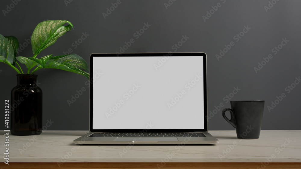 Workspace with laptop, mug and plant vase in office room Workspace with laptop, mug and plant vase in office room