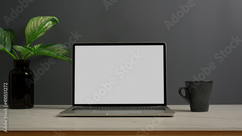 Workspace with laptop, mug and plant vase in office room