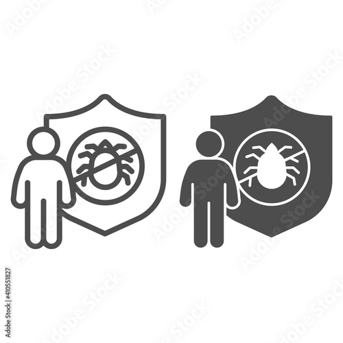 Man with shield and insect line and solid icon, pest control concept, insect control and extermination service sign on white background, No pesticides prohibition emblem icon in outline style. Vector.