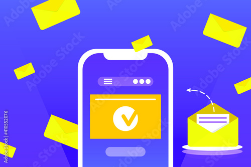 Email with sent confirmation of action. Inbox letter in flat style vector illustration. Modern banner for website. EPS 10