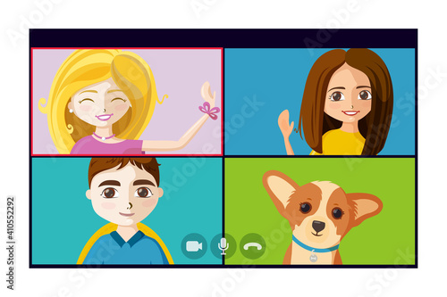 Virtual conference call with people and puppy. Online quarantine meet of friends or colleagues. Vector illustration in cartoon style