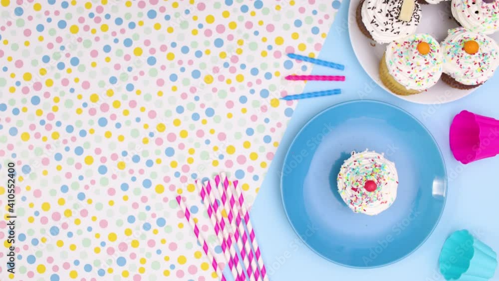 Cup cakes for birthday party move on left side. Stop motion Cup cakes for birthday party move on left side. Stop motion