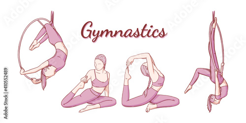 Female gymnast set. Gymnastics strength and flexibility iproving poses. Colored engraved vector illustration isolated on white background