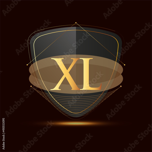 Initial logo letter XL with shield Icon golden color isolated on dark background, logotype design for company identity.