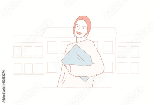 Smiling young woman holding a book at school. Hand drawn style vector design illustrations.
