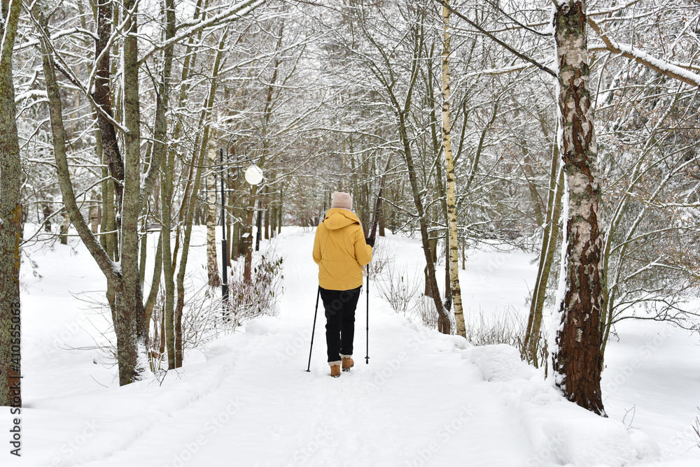 An adult woman is engaged in nordic walking in a winter park.