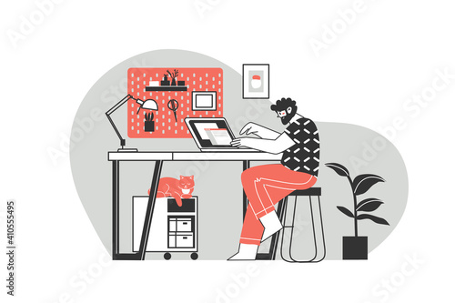 Remote work or distance learning. Work at home. Freelancer character working from home, convenient workplace. Man and woman self employed concept