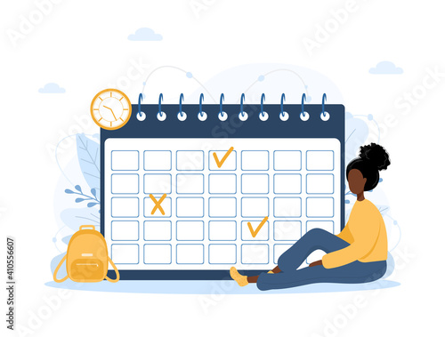 Month planning or to do list concept. African woman sitting near giant calendar. Task scheduling, work process organization. Vector illustration in flat cartoon style.