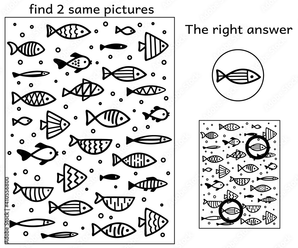 Black and white cartoon funny fishes with geometric pattern. Find two same pictures. Educational activity game for kids. Find the 2 identical doodle fish. Answer included. Vector Coloring Book.