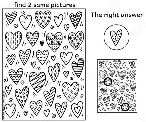 Black and white cartoon funny hearts with geometric pattern. Find two same pictures. Educational activity game for kids. Find the 2 identical doodle hearts. Answer included. Vector Coloring Book.
