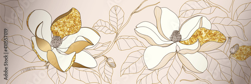 Luxury golden magnolia flower background wall art vector design home decorate 