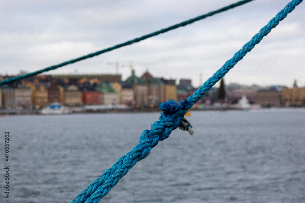 Mooring ropes in the background of Stockholm