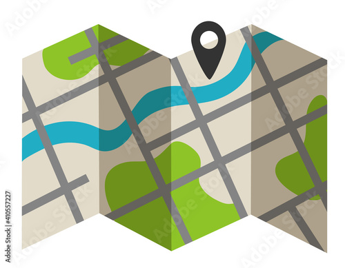Vector city map with geotag in flat style. Folded paper map with a route and map pointer, GPS location symbol. Stylized color map with streets, river, parks. Isolated on a white background.