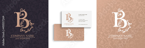 Premium Vector B logo. Monnogram, lettering. Delicate elegant floral pattern of roses, seamless pattern and business cards. Personal logo or sign for branding an elite company. Vector design.