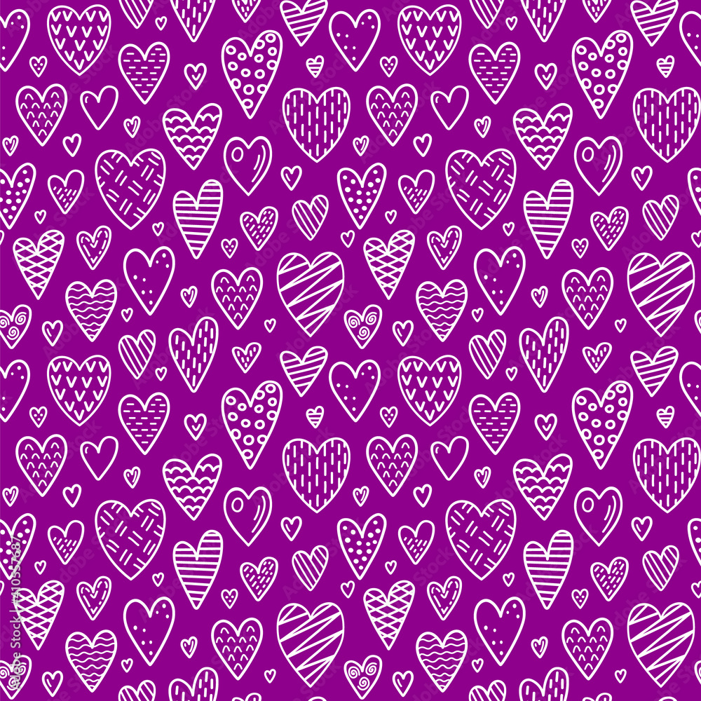 Hand drawn vector seamless pattern with hearts in doodle style. Stylized endless cartoon sweet hearts. White contour isolated on a purple background. Valentine's Day, packaging, textiles fabric, goods