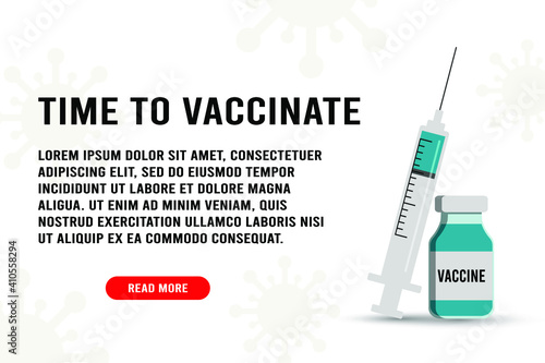  Time to vaccinate banner. Syringe with a needle and medicinal tablets. medical flu shot vaccine for the treatment of influenza virus, vector flat illustration. Vaccination concept design, poster.