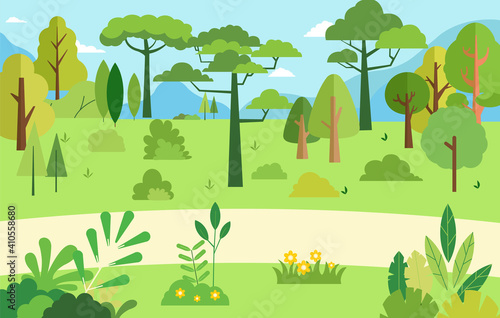 Rural scene with natural tree.Vector illustration.Beautiful summer nature landscape.Forest with mountain and sky background.Garden green grass with bushes and trees.Trees and flower set flat style