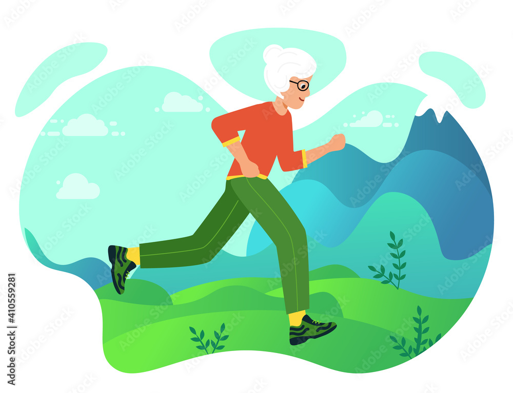 Elderly woman is engaged in sports Jogging in the Park. Walk grandmother. Concept of longevity and active lifestyle. Outdoor training, athletics. Vector illustration in modern flat style.