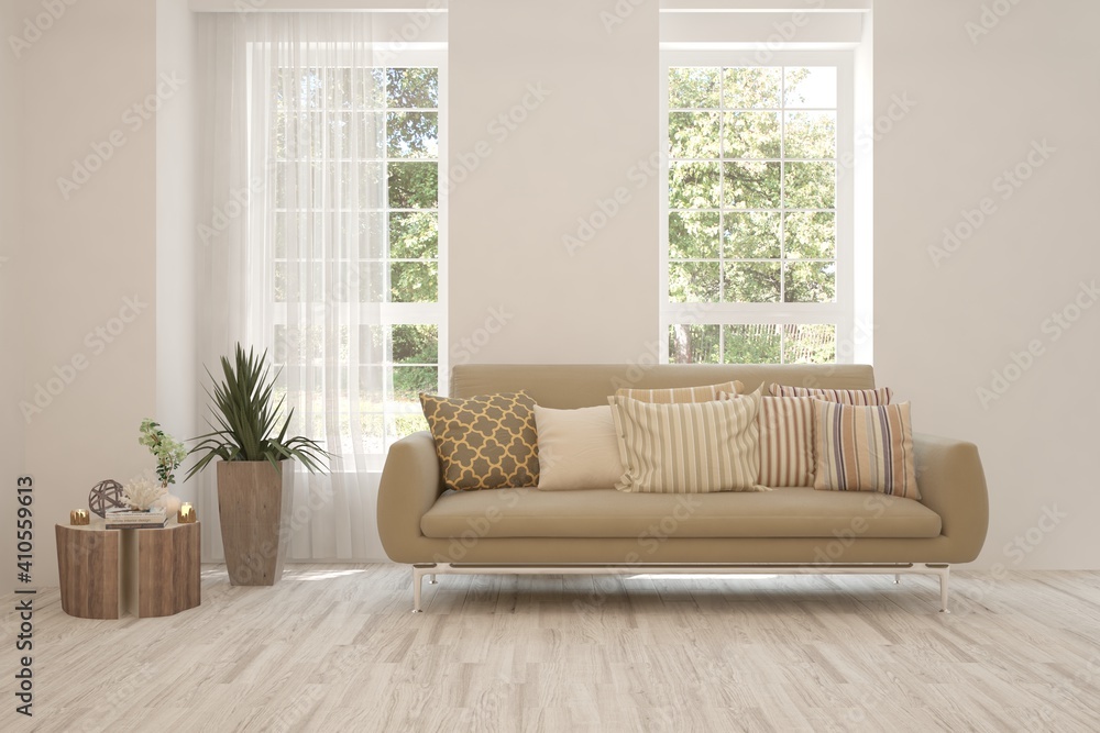 Fototapeta premium White living room with sofa and summer landscape in window. Scandinavian interior design. 3D illustration