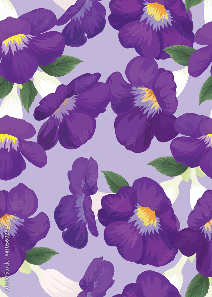 Seamless pattern of Purple color flower background template on violet background. Vector set of floral element for wedding invitations, greeting card, brochure, banners and fashion design.