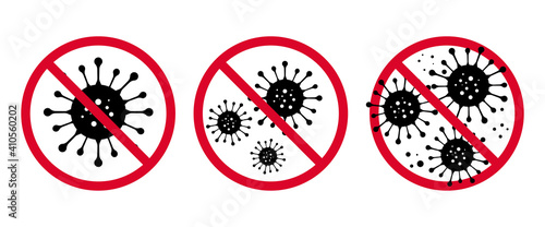 Coronavirus 2019, covid19 warning. Abstract virus strain model. Novel coronavirus is crossed out with red STOP sign