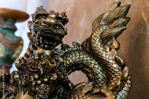 January 2021  Close-up of a gold dragon sculpture  in time for lunar or Chinese new year. 