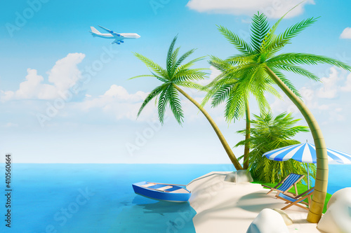 Fototapeta Naklejka Na Ścianę i Meble -  View of a tropical island in the ocean with a airplane. 3D illustration