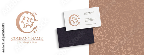 Premium Vector C logo. Monnogram, lettering. Delicate elegant floral pattern of roses, seamless pattern and business cards. Personal logo or sign for branding an elite company. Vector design.