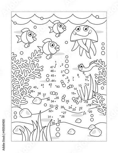 Starfish connect the dots full page picture puzzle and coloring page, underwater life themed, with fish, jellyfish, seabed, algae 