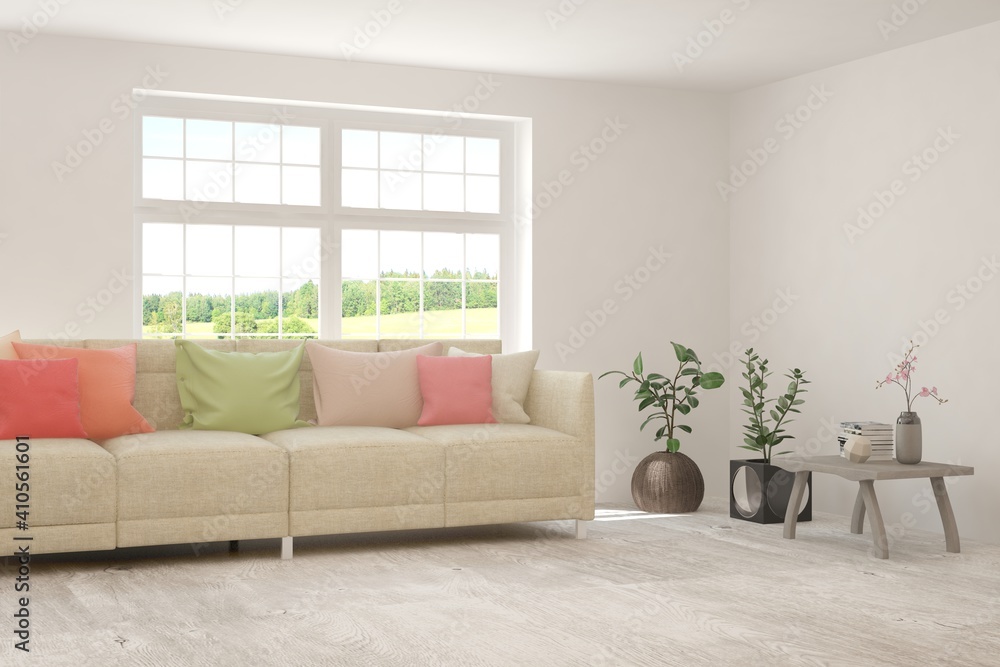 White living room with sofa and summer landscape in window. Scandinavian interior design. 3D illustration White living room with sofa and summer landscape in window. Scandinavian interior design. 3D illustration