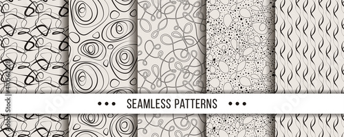 Set of strict, minimalistic seamless patterns. Collection for coloring pages, tectile prints, decor, design. Vector illustrations