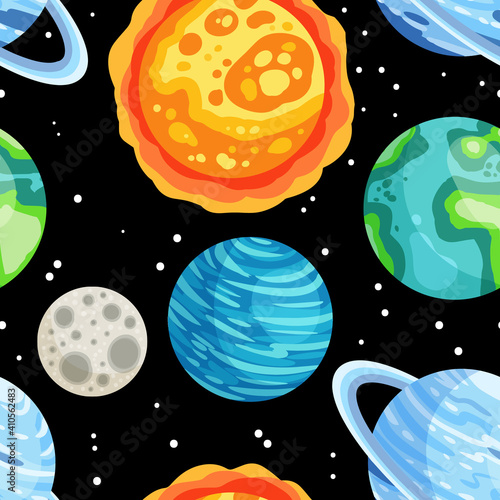 Planets, stars and satellites on a starry sky space seamless pattern background. Solar system outer space planets children wallpaper texture tile. Vector stock image