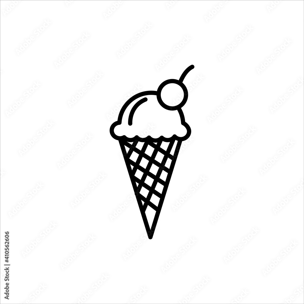 Ice cream cone with one scoop and cherry line art vector icon for apps and websites