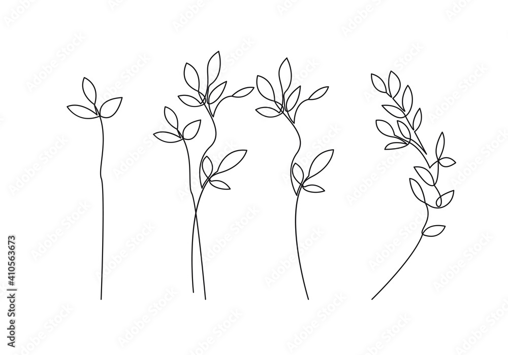 Abstract Line Flowers Prints Set Continuous Line Art. Fashion Templates with Flowers, Plants, Leaves, Modern Trendy Outline Style. Vector Beauty Illustration