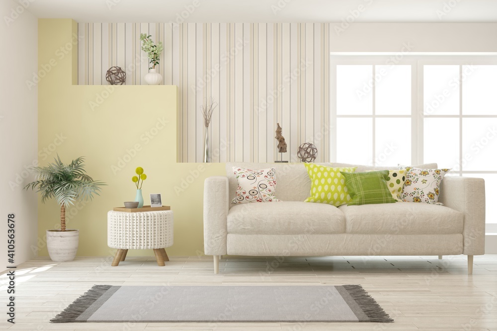 White living room with sofa. Scandinavian interior design. 3D illustration White living room with sofa. Scandinavian interior design. 3D illustration