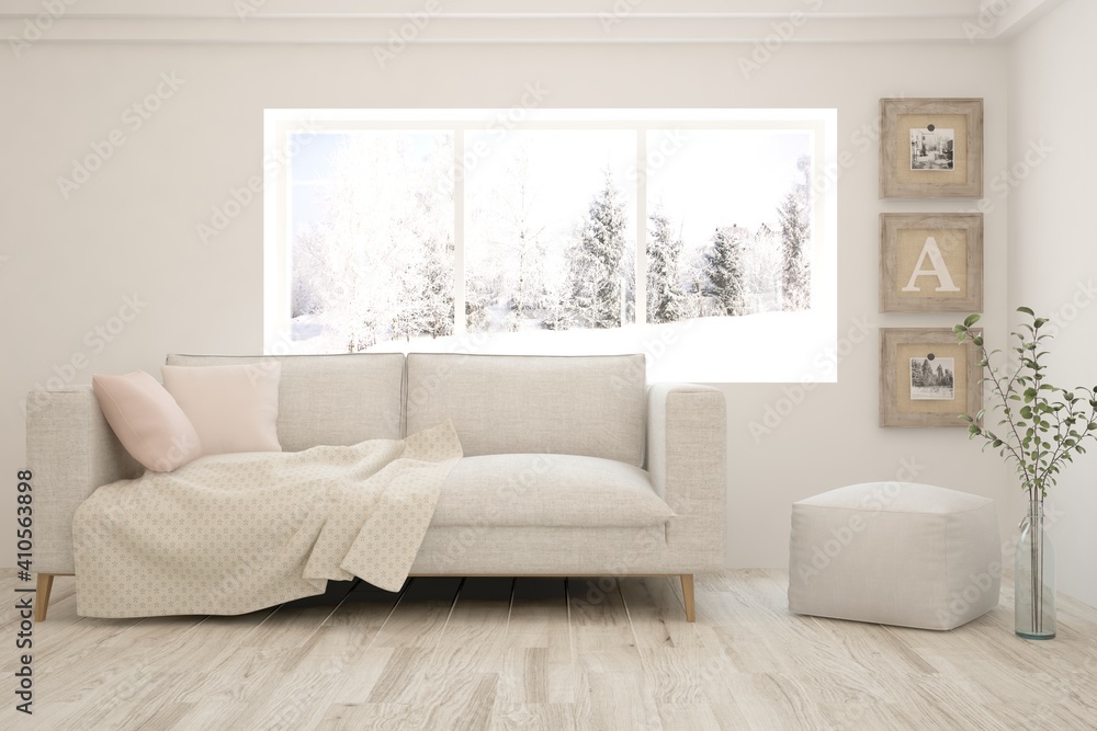 Fototapeta premium White living room with sofa and winter landscape in window. Scandinavian interior design. 3D illustration