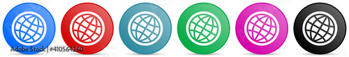 World, globe vector icons, set of circle gradient buttons in 6 colors options for webdesign and mobile applications