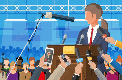 Public speaker. Rostrum, tribune and hands of journalists with microphones and digital voice recorders. Press conference concept, news, media, journalism. Vector illustration in flat style