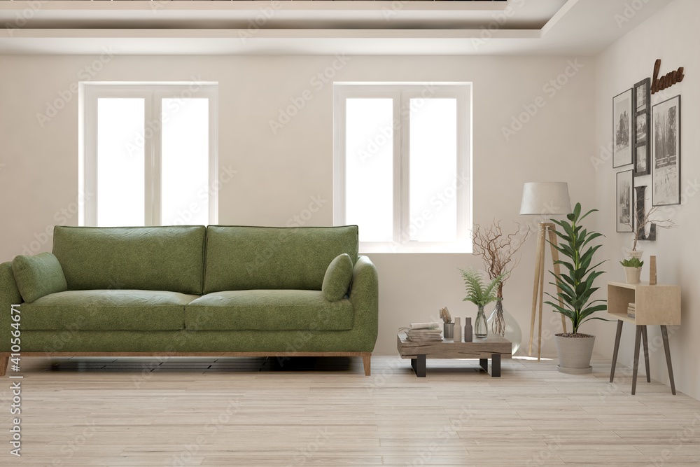 Fototapeta premium White living room with sofa. Scandinavian interior design. 3D illustration