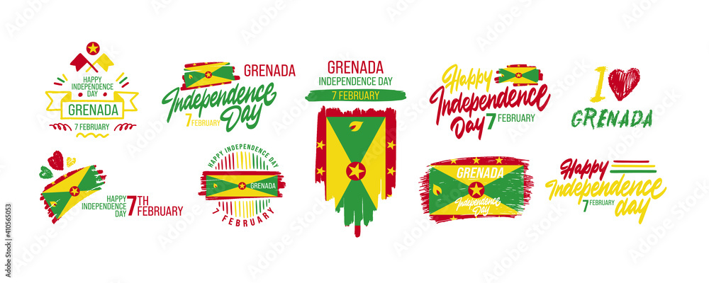 Set of Grenada independence day, Patriotic Grenadian flag banner post concept for February 7, Vector, hand lettering. Greeting Card. Happy Independence Day Grenada Vector Illustration.