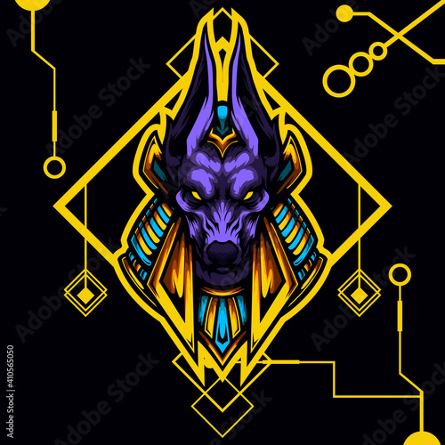 logo esport Anubis angry expression with ornament. logo vector character anubis for gaming. theme yellow color costume character.