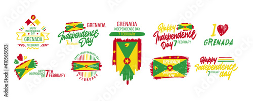 Set of Grenada independence day  Patriotic Grenadian flag banner post concept for February 7  Vector  hand lettering. Greeting Card. Happy Independence Day Grenada Vector Illustration.