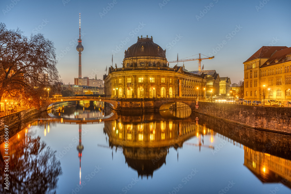 The Bode Museum and the Television Tower in Berlin on a clear sky morning